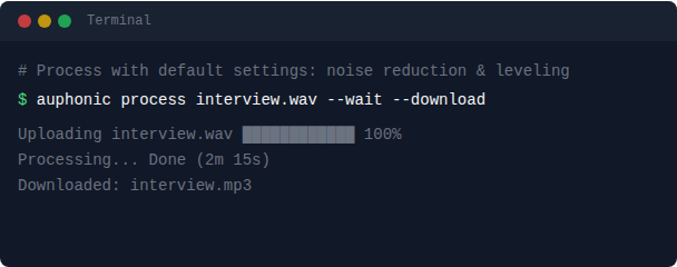Auphonic CLI terminal example
